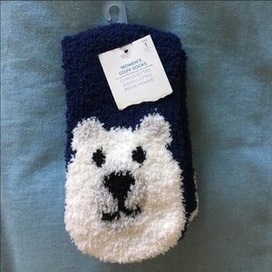 Blue fuzzy socks for customer